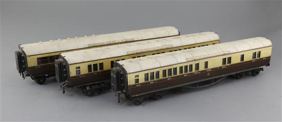 A set of three GWR coaches, nos. 6798, 9132 and 9170, in chocolate and cream, Bonds corridor wooden